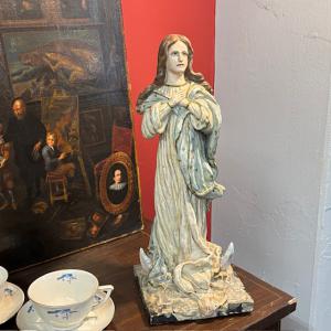 Antica Scultura in terracotta dipinta  Madonna Immacolata . 1827 Luigi Pettinari Scultore . H 48
